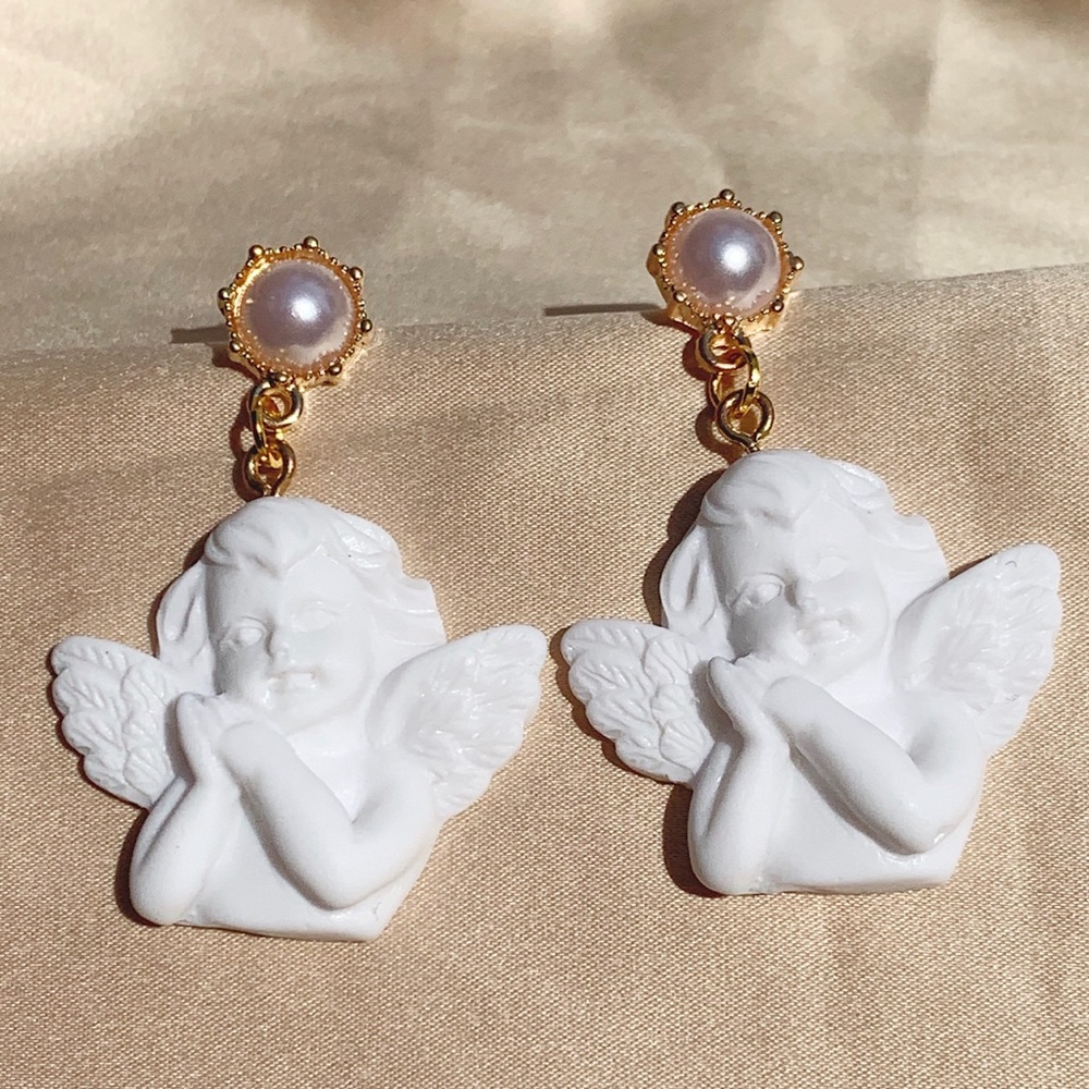 Pearl Studs with Angel Cherub Cupid Earrings